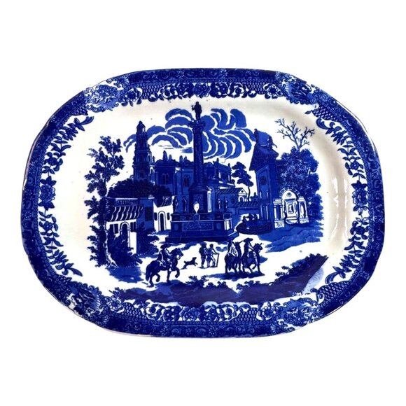 Antique Victoria Ware Ironstone Flow Blue Fox Hunting Horses Hound Platter 17" - Picture 1 of 7